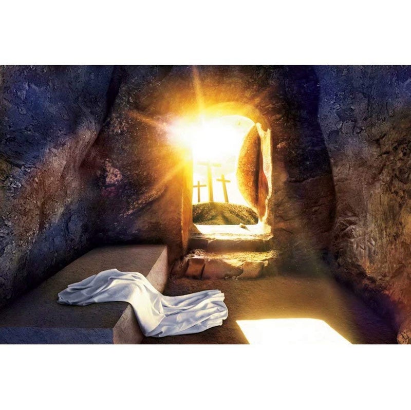 DASHAN 7x5ft Polyester Easter Tomb Cross Holy Light Christian Backdrop for Church God Bless Jesus Religious Prayer Crucifixion Photography Background Resurrection Christian Church Baptism Photo Prop - Image 1